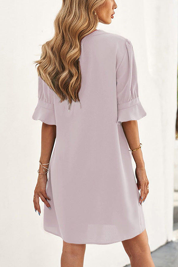 Solid Color Loose Casual V Neck Short Sleeve Knee Length Dress
