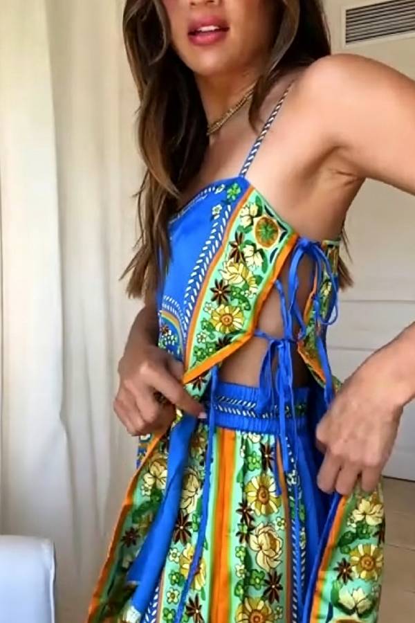 Satin Printed Tie Cami Top Split Wide Leg Pants 2 Piece Boho Vacation Set