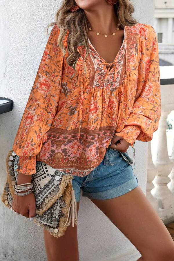 Bohemian-style printed tie-front shirt