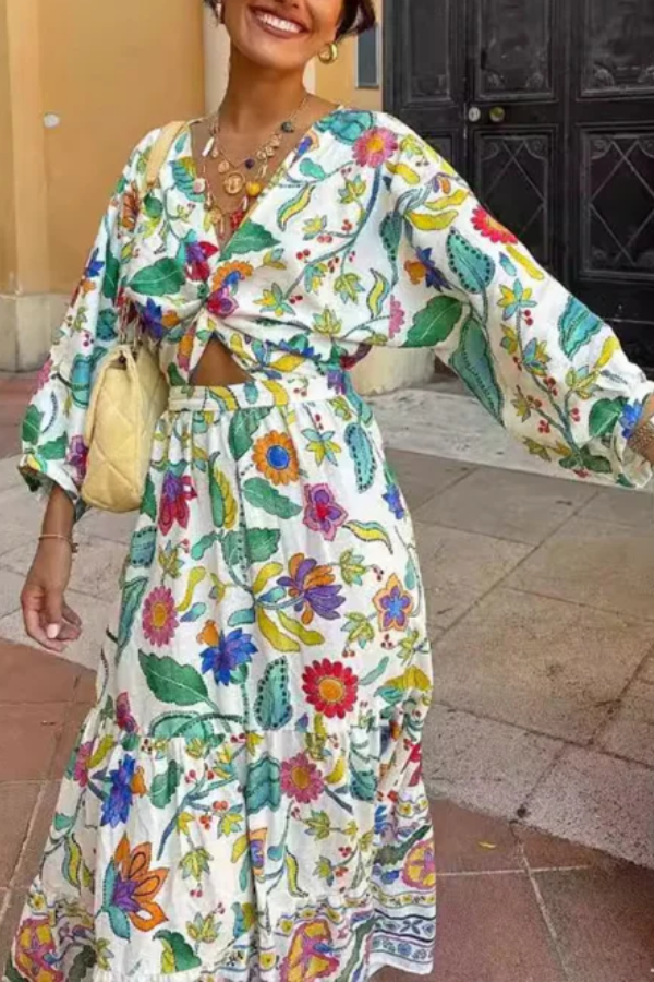 Botanical Floral Print V-neck Cutout Lace-up Elastic Waist Maxi Dress Multicolor