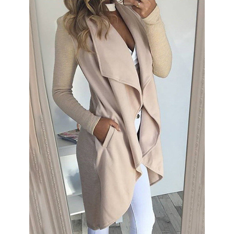 Fashion Solid Color Lapel Slim Long Windbreaker Jacket Beige