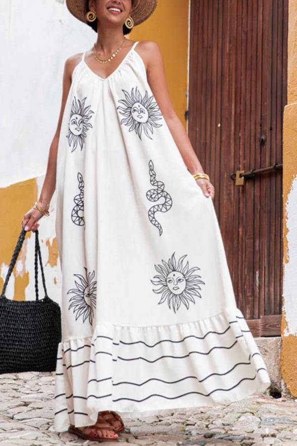 Multi-Print Backless Strap Vacation Flowy Maxi Dress