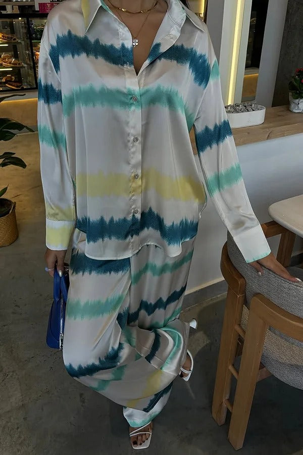 Lizbeth Satin Tie Dye Print Long Sleeve Shirt and Elastic Waist Pocketed Pants Set