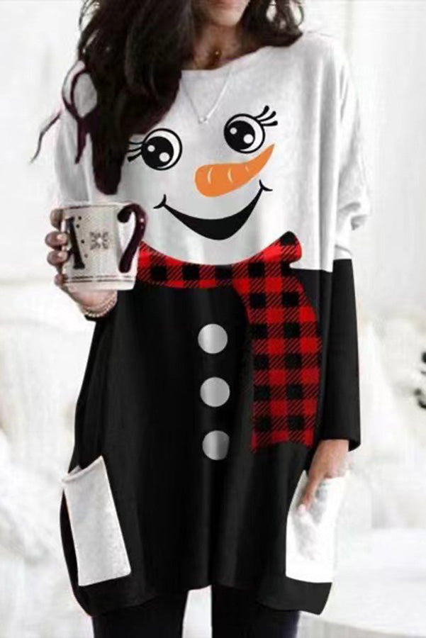 Snowman Print Long Sleeve Pocket Pullover Mini Dress 1