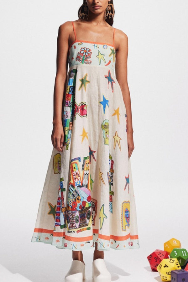 Miami Happy Hour Linen Blend Unique Print Smocked Back Pocketed Maxi Dress Beige