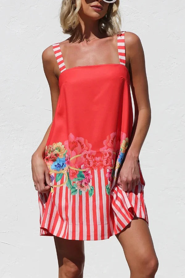 Floral Striped Print Square Neck Backless Loose Mini Dress