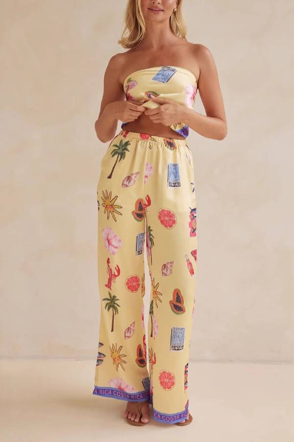 Vacation-Style Printed Satin Strapless Top + High-Waisted Wide-Leg Pants Set