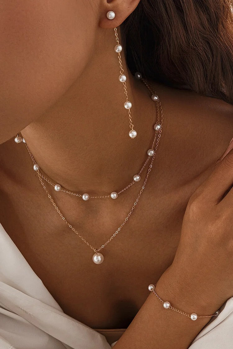 Faux Pearls Alloy Chain Fashionable Dangle Earrings Jewelry Set Gold2 one size
