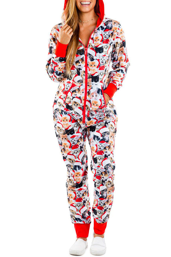 Christmas Print Zipper Pocketed Hooded Loungewear Jumpsuit 11