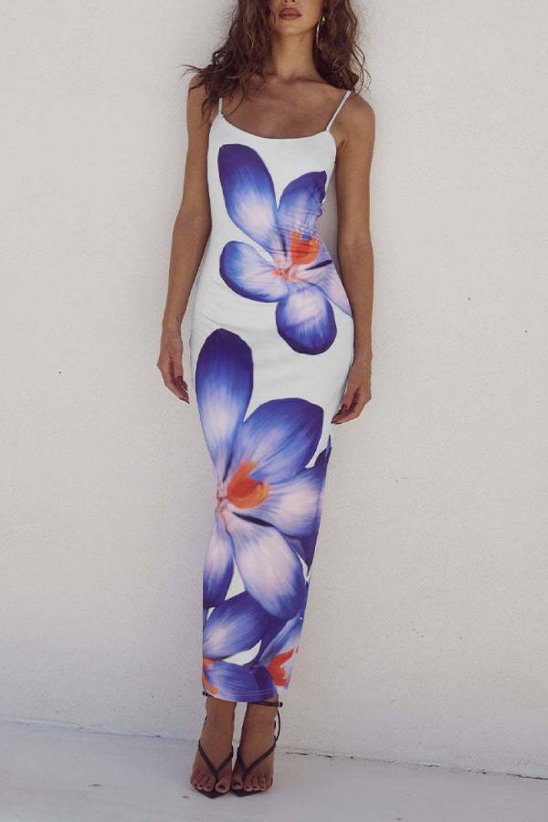 Spaghetti Strap Floral Print Bodycon Slit Maxi Dress