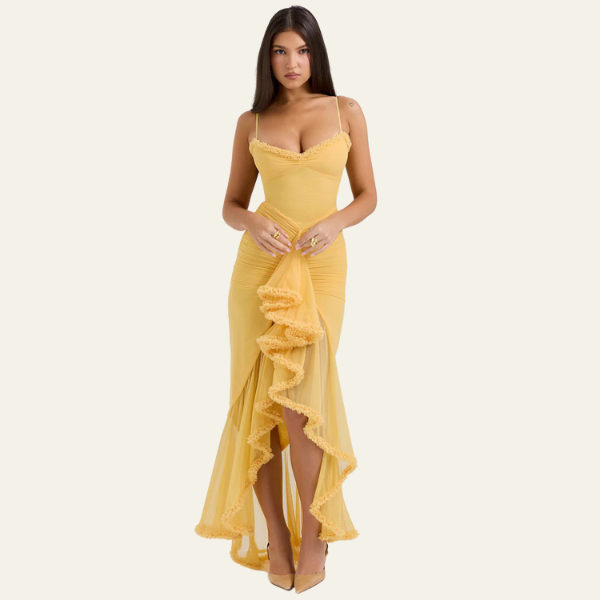 The Seville Draped Ruffle Evening Dress