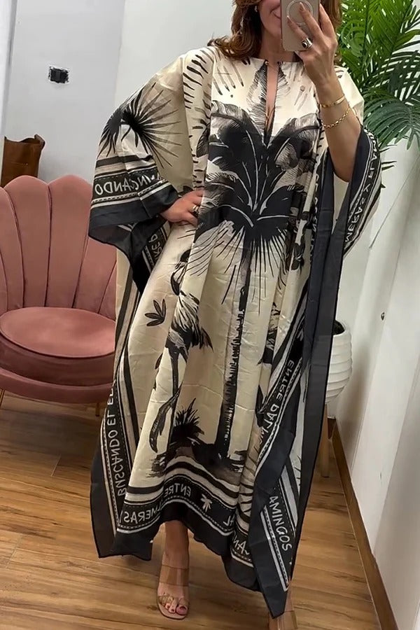 Flora Flamingo Print V-neck Loose Holiday Maxi Dress