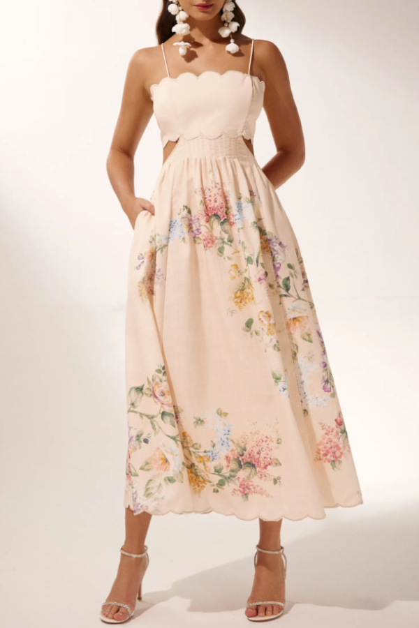 Floral Printed Cut-out Midi Dress Beige