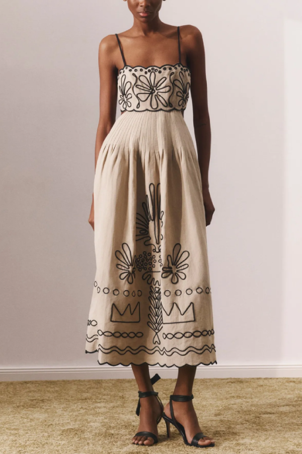 Simple Printed Midi Dress with Suspenders Grey