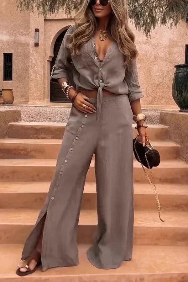 Solid Color Lapel Casual Button-down Shirt and Loose Pocket Slit Wide-leg Pants Set