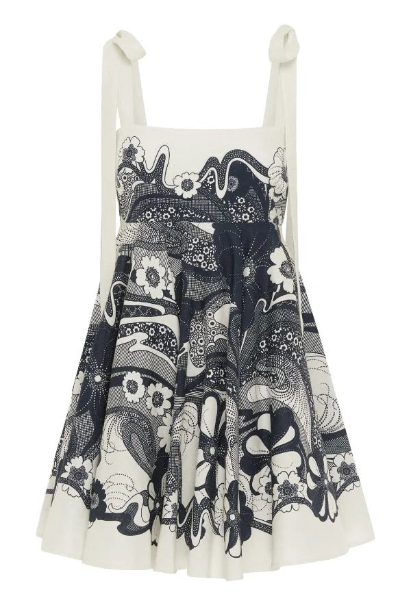 Unique Print Square Neck Spaghetti Strap Tie Full Hem Mini Dress