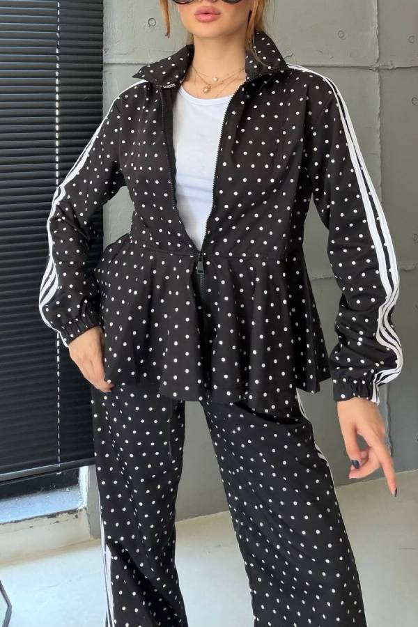 Polka Dot Peplum Tracksuit Two‑Piece Set