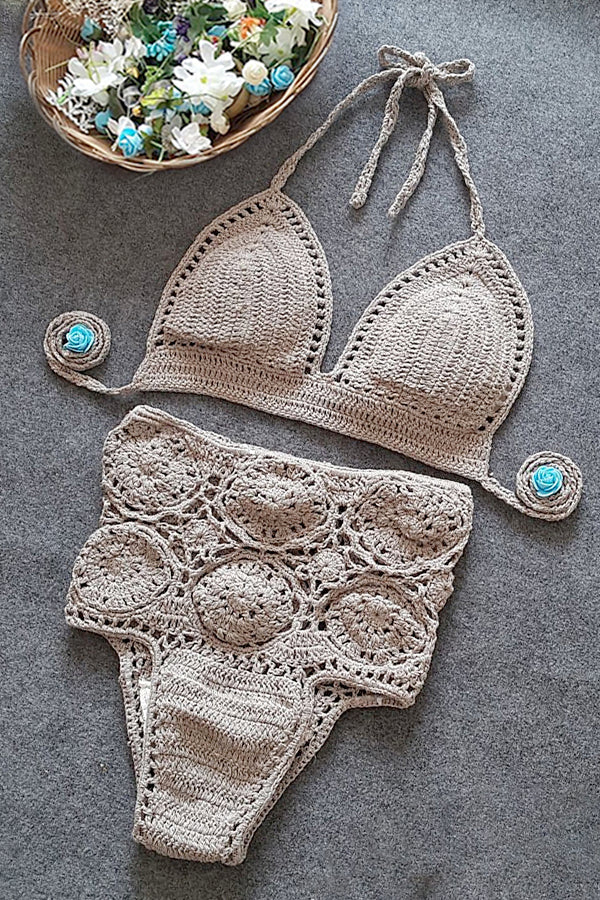 High-Waisted Swimsuit Solid Color Crochet Bikini