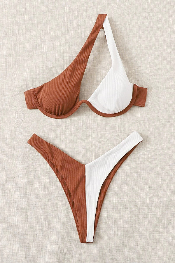 Cross-Shoulder Stitching Double Color One-Shoulder Bikini