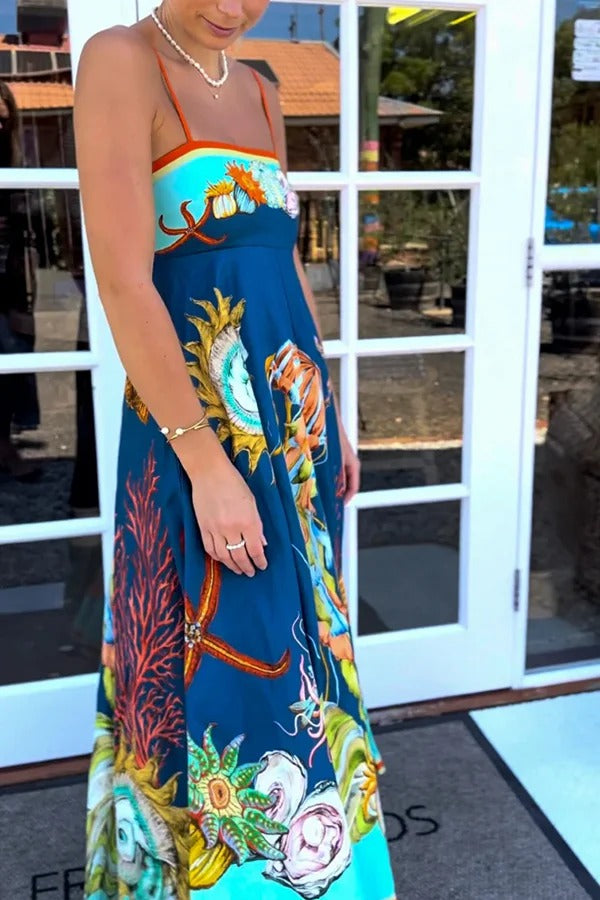 Linen Blend Unique Print Suspenders Back Pleated Pocket Resort Style Maxi Dress