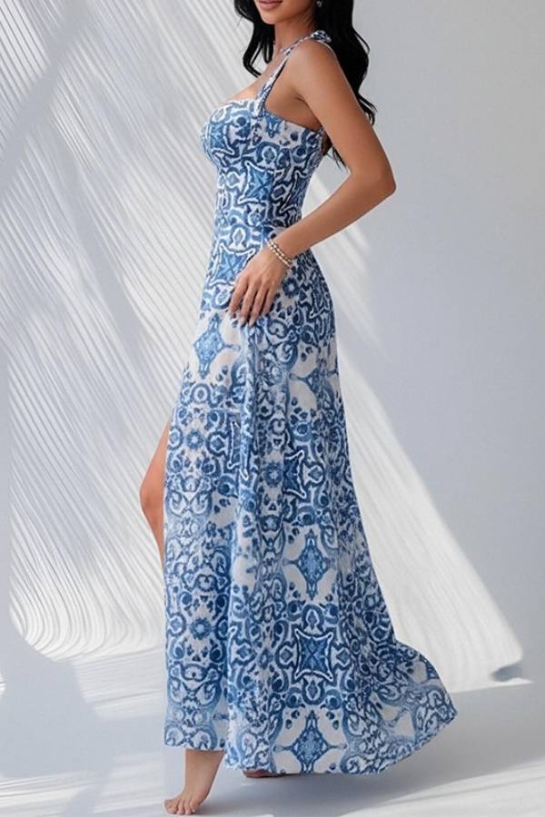 Blue Porcelain Print Tie Back High Slit Spaghetti Strap Maxi Dress