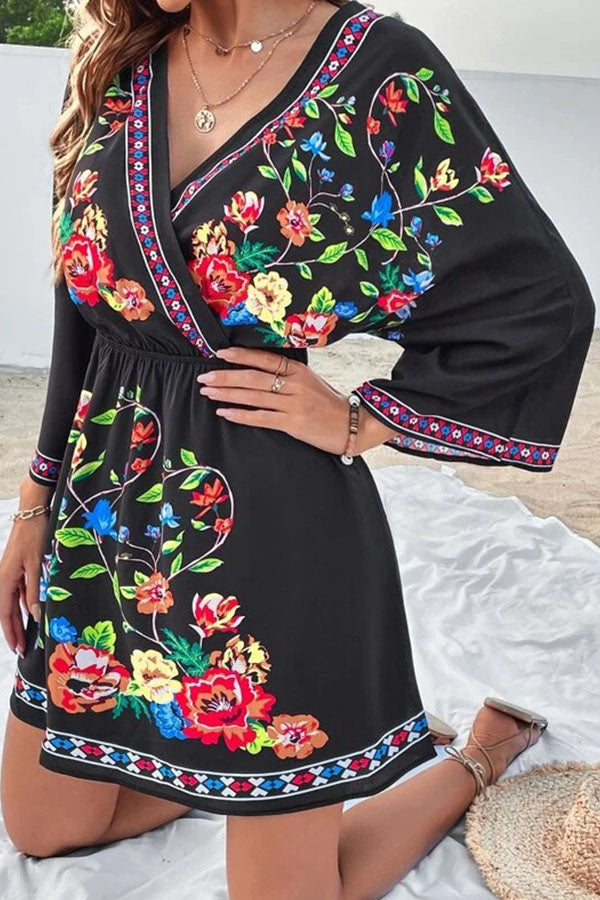 Bohemia Retro Ethnic Style Heavy Industry Print Temperament Slim Waist Slim Short Holiday Dress