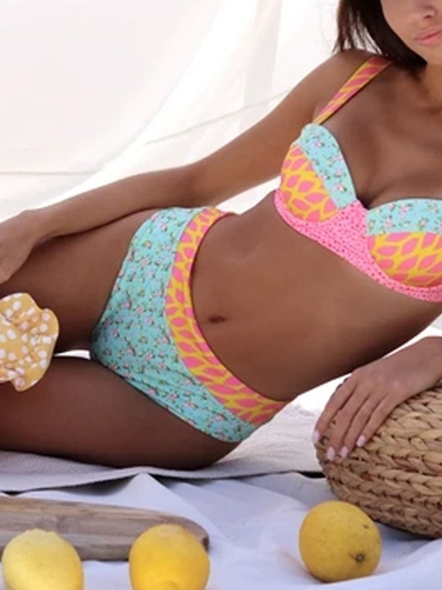 Printed High Waist Split Swimsuit Pink