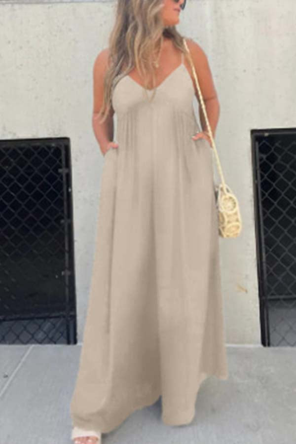 Effortless Back Tie-up Pocketed Wide Leg Cami Jumpsuit Apricot
