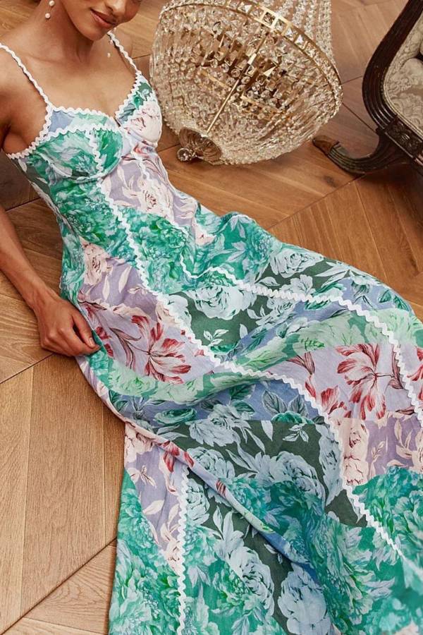 Monet Garden Watercolor Floral Print Lace Trim Maxi Dress