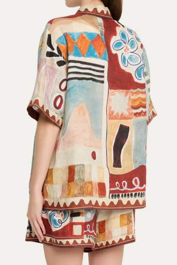 Abstract Oil Painting Print Short Sleeve Shirt & Shorts Two Piece Set