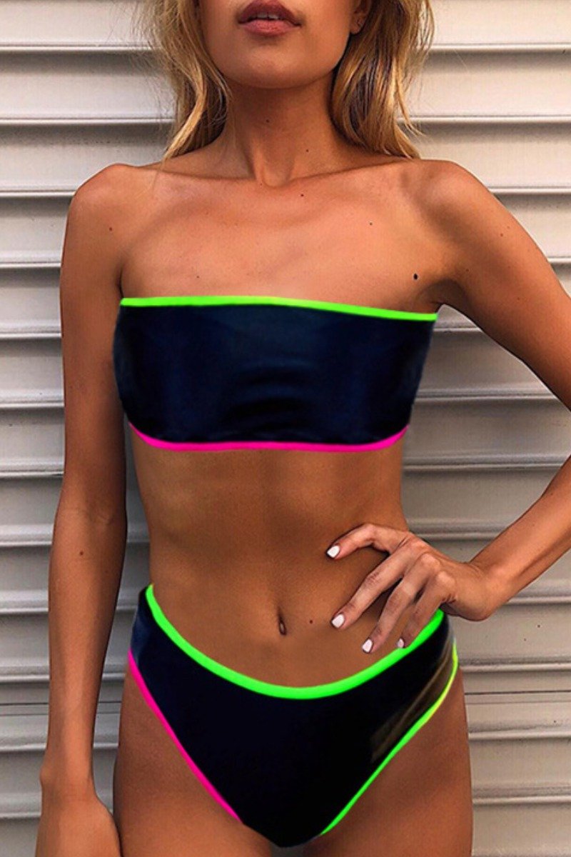 Patchwork Design High Cut Black Bikini Set Black