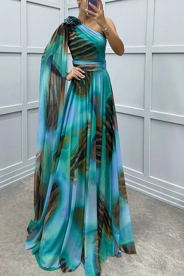 Lucia Unique Print Floral Detail One Shoulder Draped Sleeve Gown Maxi Dress Wathet Blue