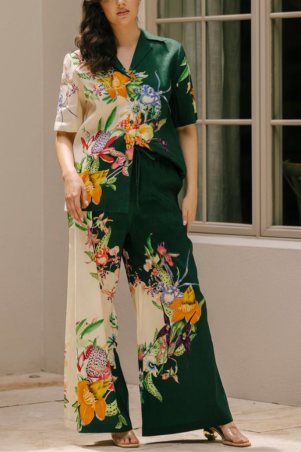 Island Linen Blend Unique Print Short Sleeve Loose Shirt and Elastic Waist Pocket Pants Set Green