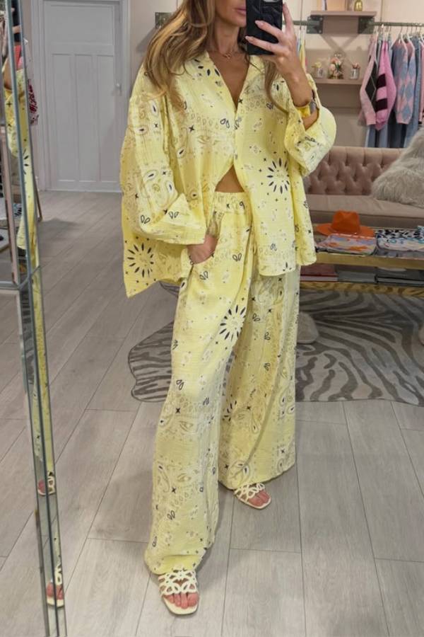 Paisley Print Oversized Shirt & Wide‑Leg Pants Vacation Two‑Piece Set