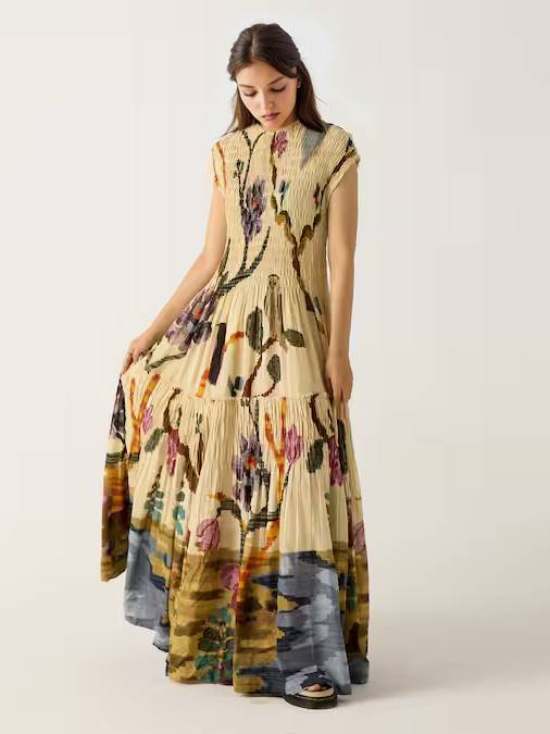 Robe longue plissée à imprimé