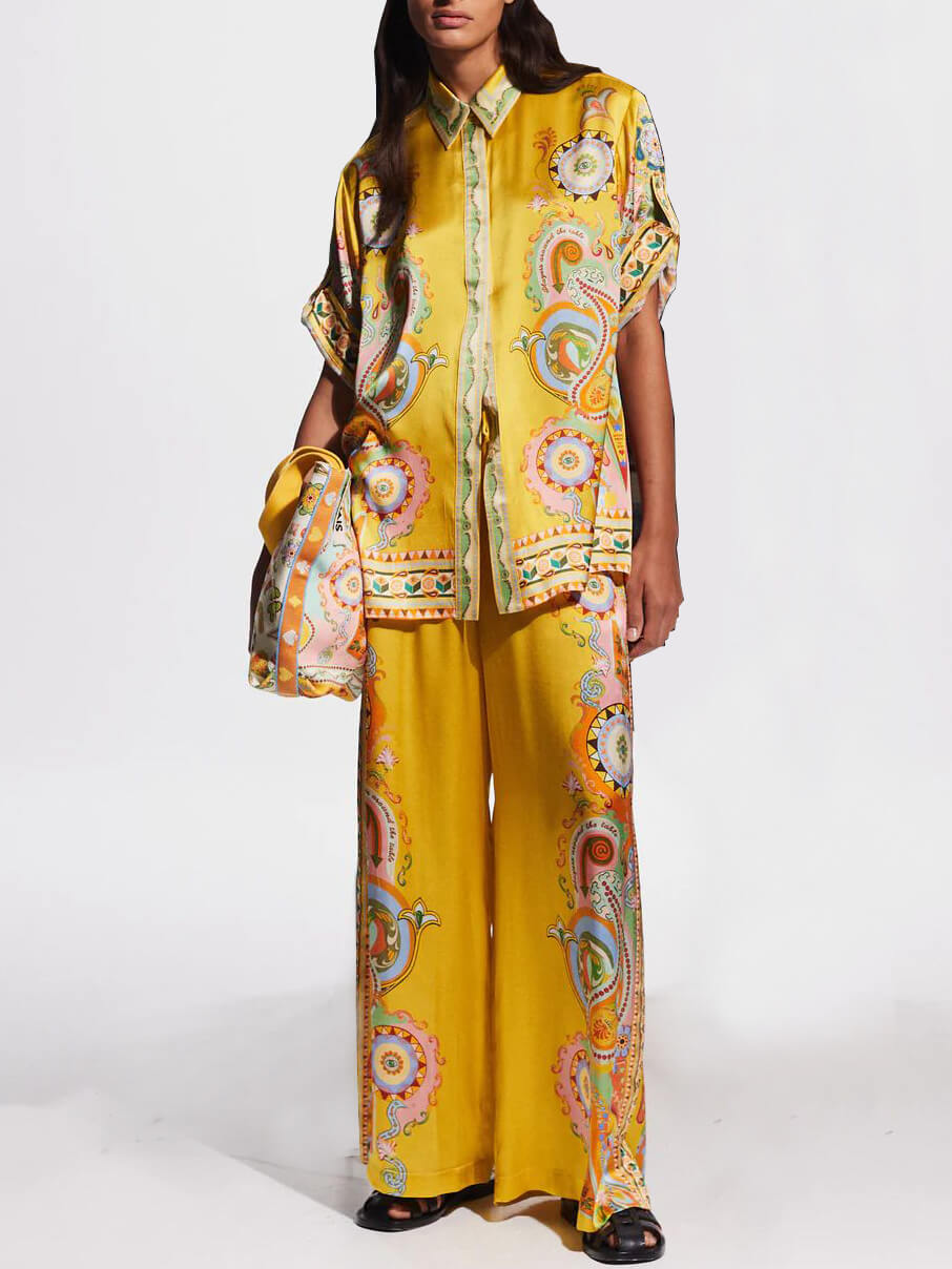 Pantalon ample à jambes larges et exquis en satin à imprimé floral de cajou