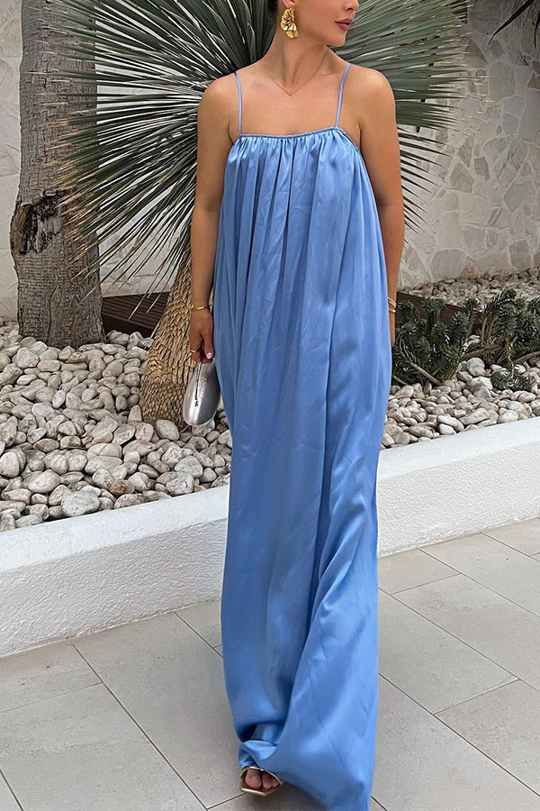 Casual suspender loose backless suspender dress Blue