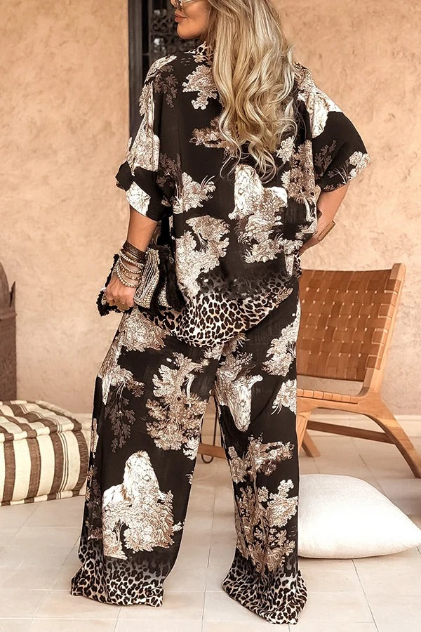 Tree Shadow Print V-Neck Short Sleeve Loose Top and Elastic Waist Casual Wide Leg Pants Set