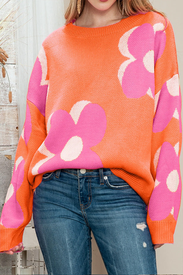 Pink & Orange Floral Cable Knitted Sweater Orange S