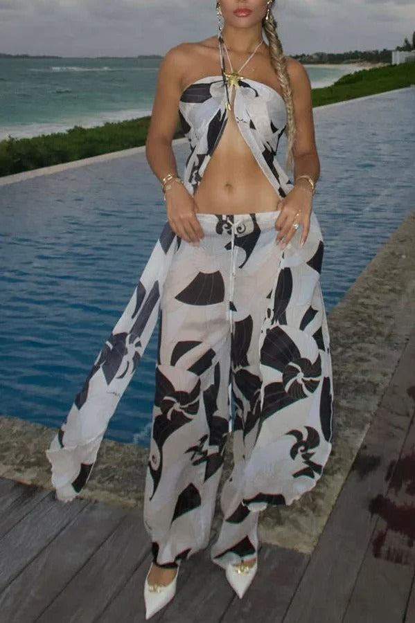 Adrenia Unique Print Metal Starfish Front Slit Halter Tank and Elastic Waist Loose Pants Set