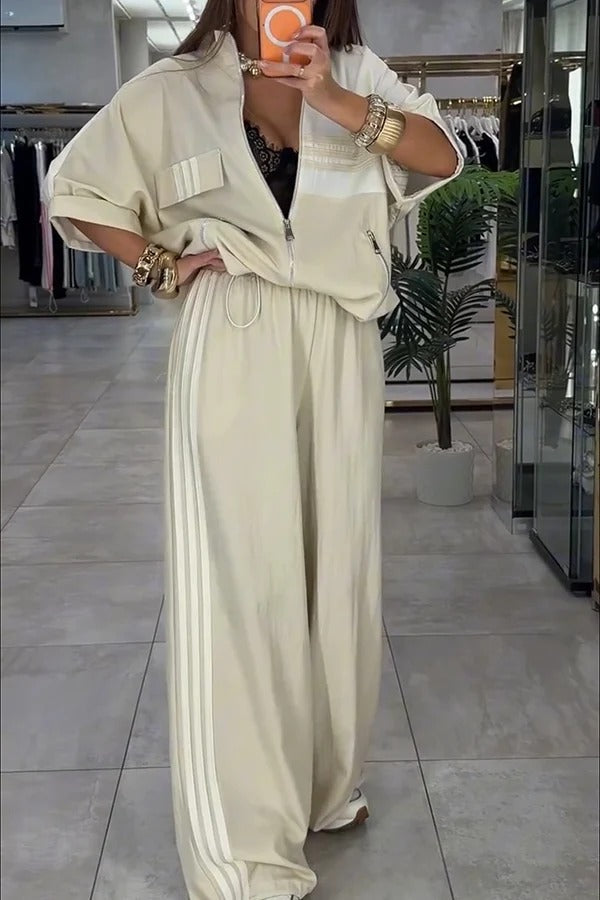 Fashionable Sporty Color-blocked Stripes Half Sleeve Zipper Drawstring Top and Elastic Waist Pocket Pants Set