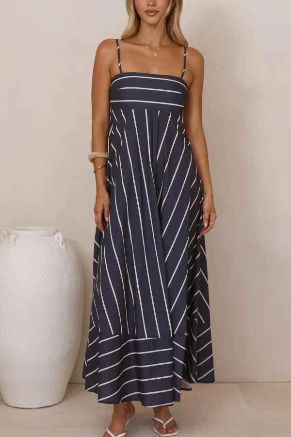 Striped Print Square Neck Spaghetti Strap High Waist Casual Maxi Dress