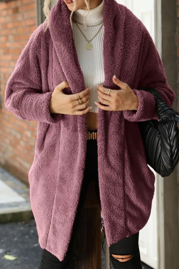 Loose Casual Solid Color Plush Buttonless Lapel Long Sleeve Coat Purple