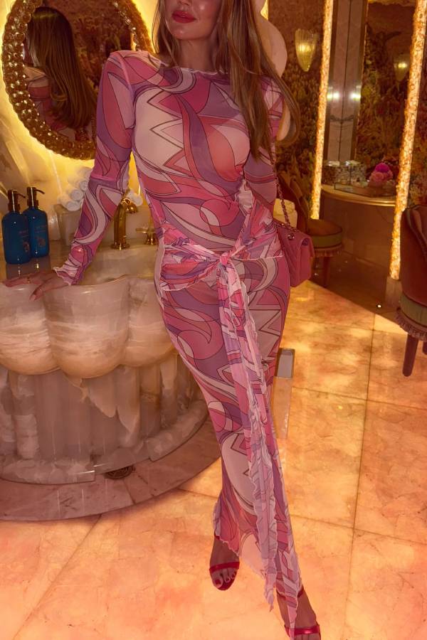 Nessie Mesh Unique Print Tie-up Waist Long Sleeve Stretch See-Through Maxi Dress
