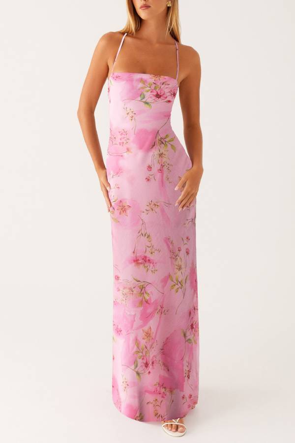 Watercolor Floral Spaghetti Strap Waist-Cinched Maxi Dress