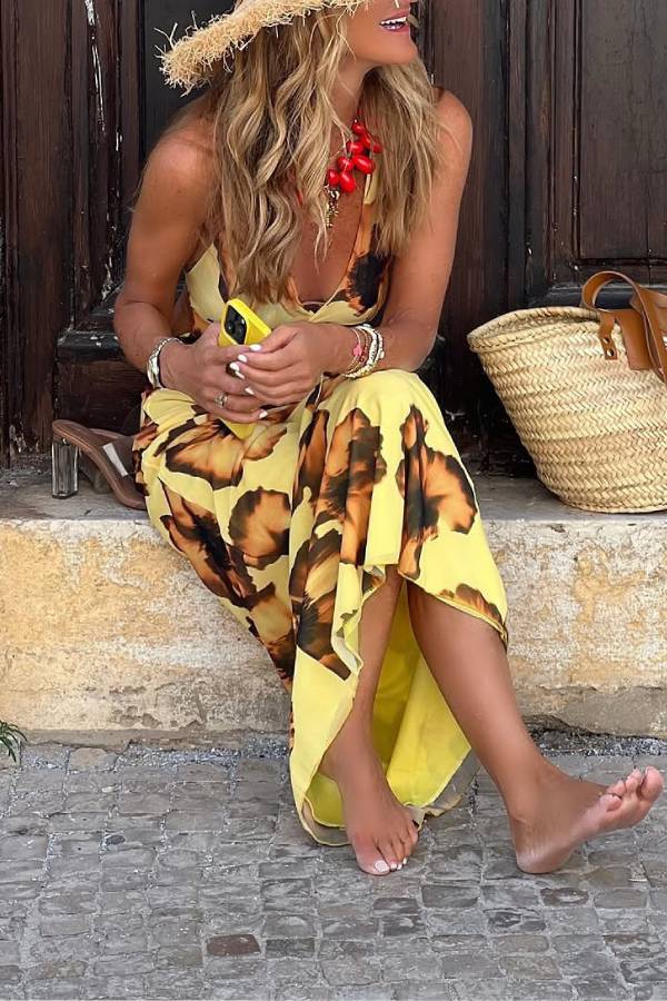Yellow Floral Halter Long Dress