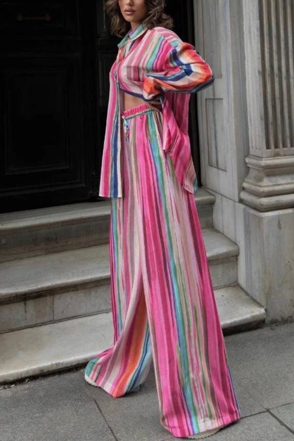 Colorful Stripe Loose Shirt & Wide‑Leg Pants Two‑Piece Set