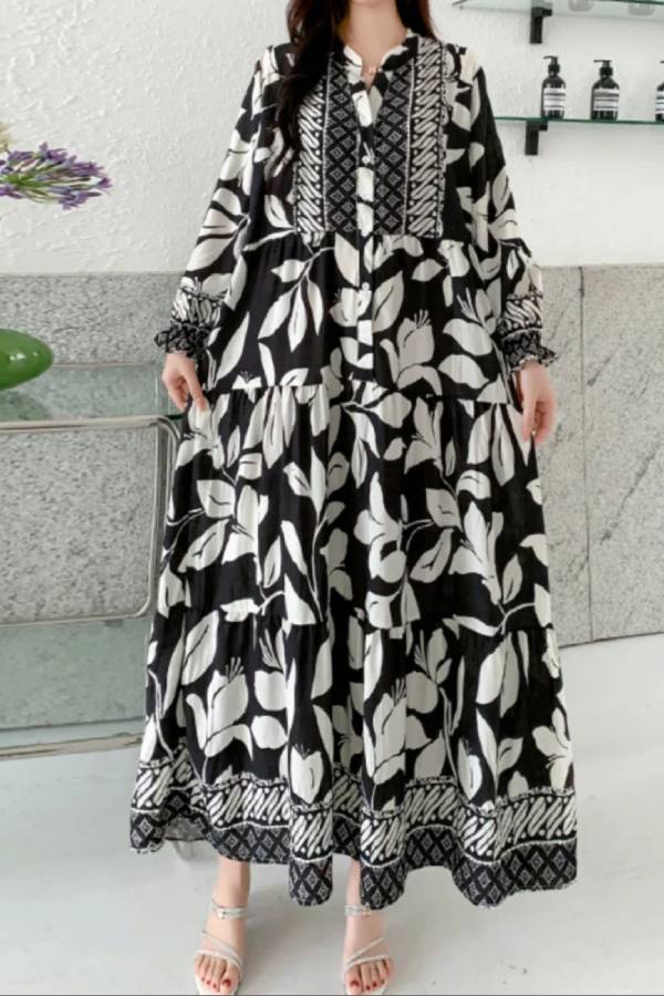Printed lantern sleeves loose dress