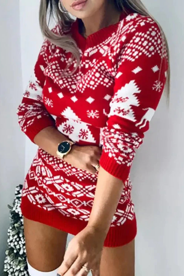 Christmas Reindeer Mixed Print Ugly Sweater Dress Red