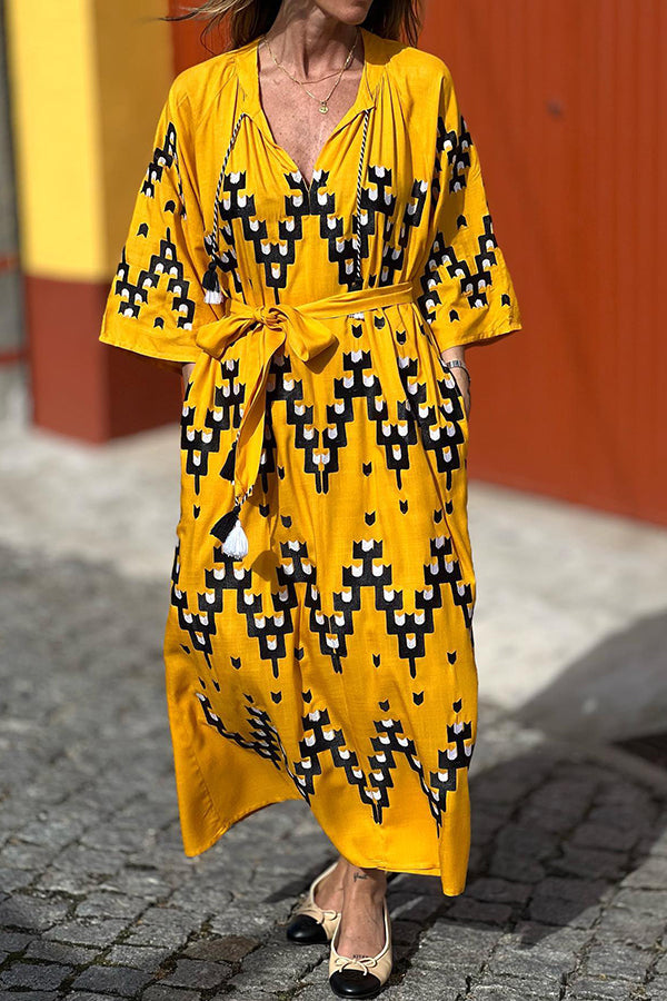 Yellow Loose V Neck Resort Dress Yellow